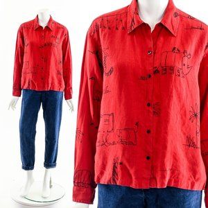 Animal Safari Top,Red Linen Blouse,Vintage Linen Jacket,Elephant Tiger Blouse,Zo